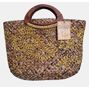 VTG Tommy Bahama Raffia Wooden Handbag Tote Embellished Beach Boho Sequin NWT